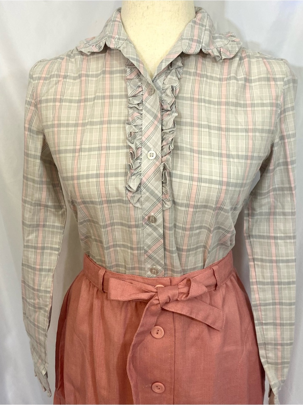 Vintage 80’s Express Plaid Long Sleeve Button Down Shirt Size Small 6 8 Ruffle